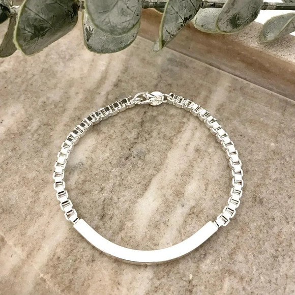 925 Sterling Silver Curve Bar Tube Bracelet Chunky Box Chain Bracelet - Picture 2 of 3